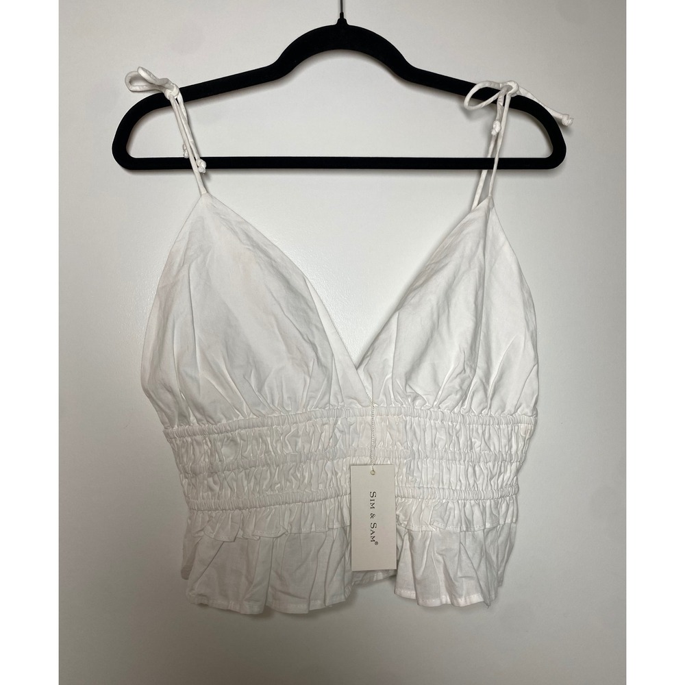 Sim & Sam Cami Top Womens XL White New Cotton Smocked Ruffle Tie Strap 51216BL